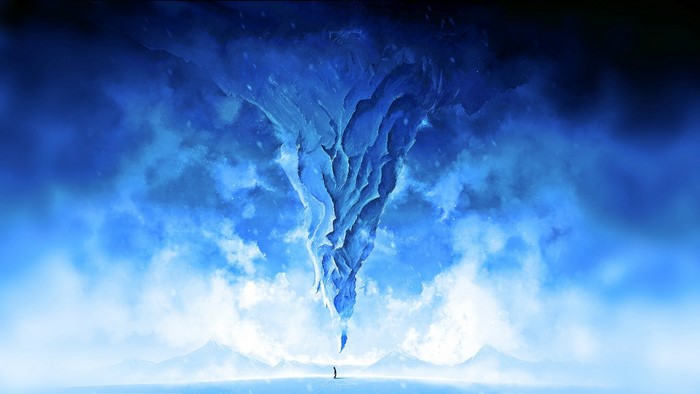 A person stands before a massive ice formation in a snowy landscape