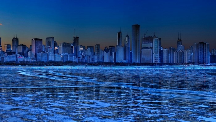 Chicago Skyline over Frozen Lake Michigan at Dusk