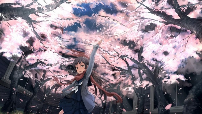 Anime girl under cherry blossom trees in spring