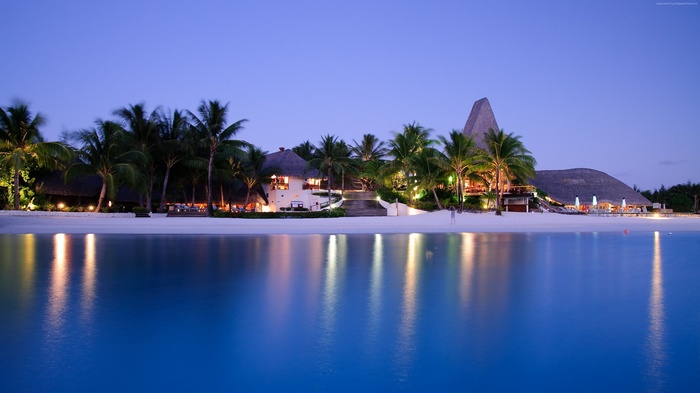 Resort on a beach with palm trees at dusk