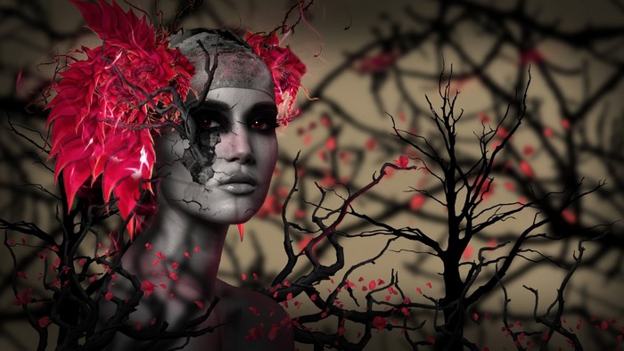 Woman with red leaves and cracked face in dark forest
