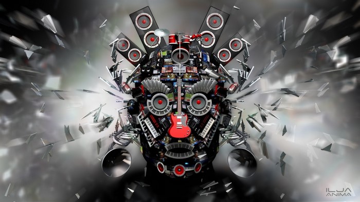 Exploding mechanical face made of musical instruments