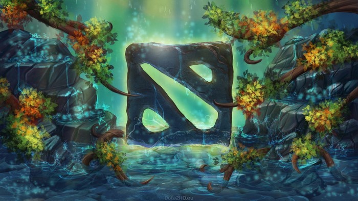 Dota 2 logo in a mystical forest with waterfalls