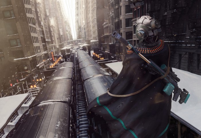 Futuristic soldier with rifle on train platform