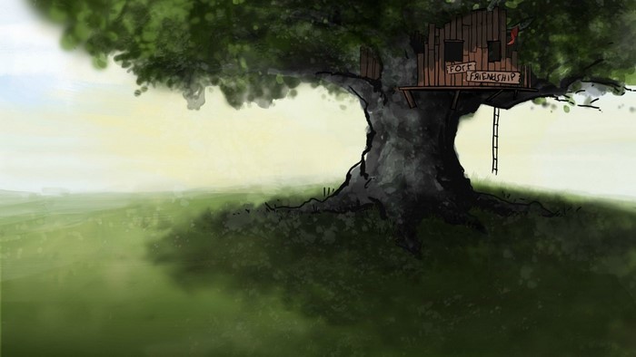 Treehouse with 'Friendship' sign in a misty landscape