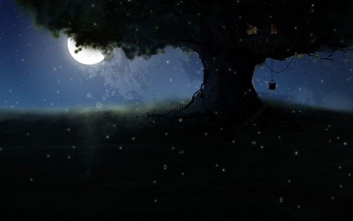 Night scene with a large tree, moon, and fireflies
