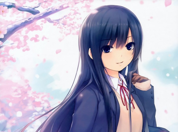 Anime girl with black hair and cherry blossoms