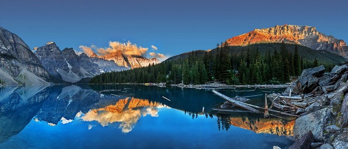 Moraine Lake with Mountains and Forest Reflection