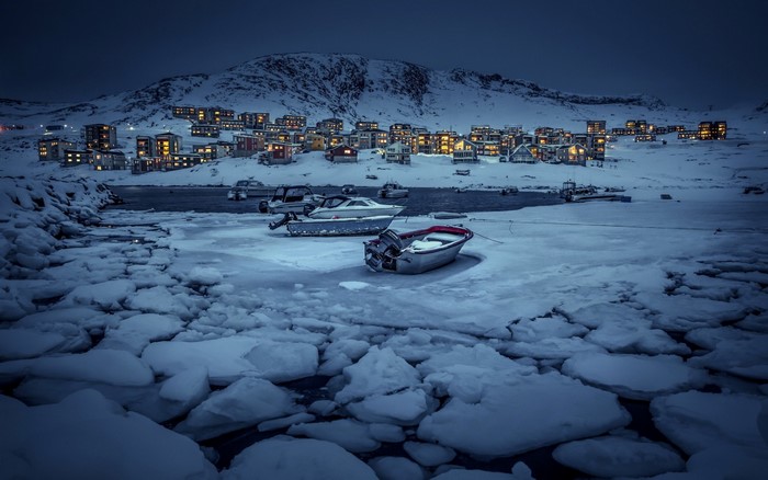 Snowy Evening in a Greenland Arctic Village