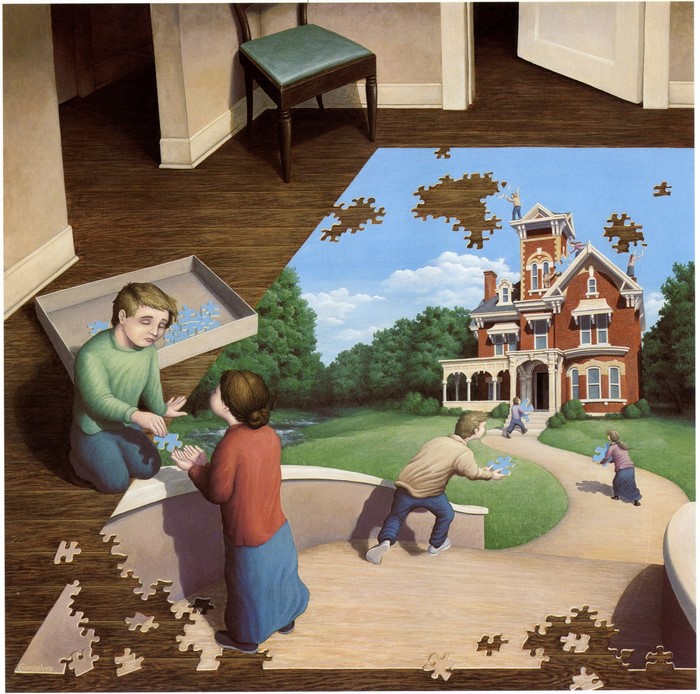Family assembling a puzzle of a Victorian house