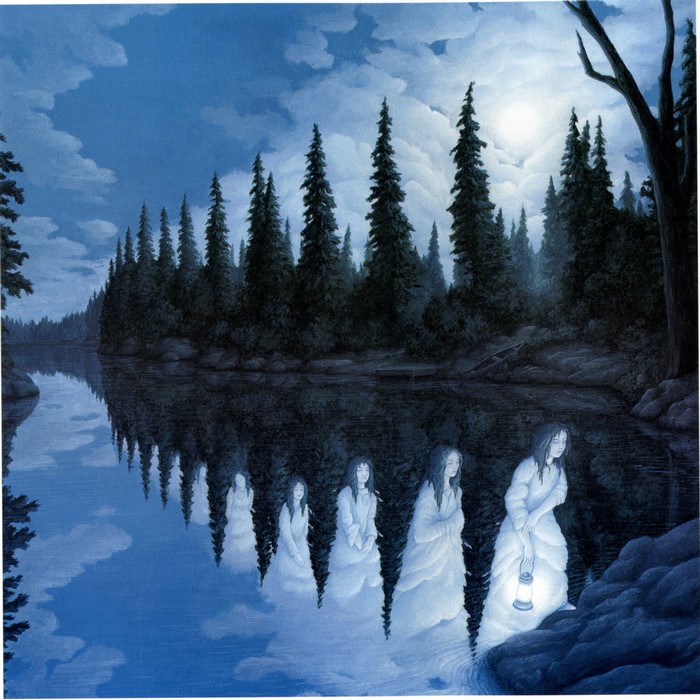 Ghosts in a moonlit forest by a lake