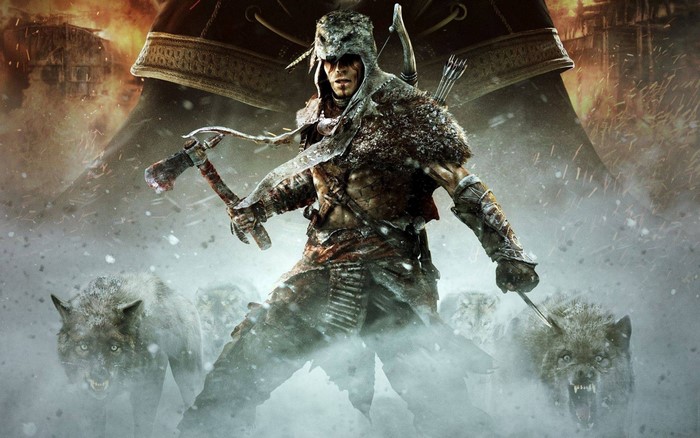 Connor from Assassin's Creed III with wolves