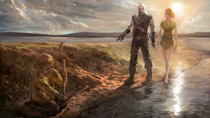 Geralt and Shani with a child from The Witcher