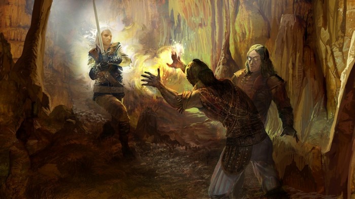 Geralt of Rivia fighting in a cave