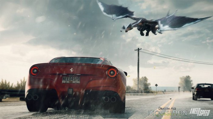 Dragon from Dragon Age Inquisition flying over a Need for Speed car