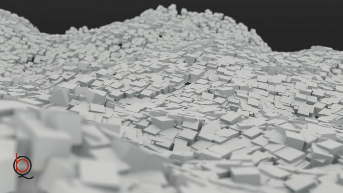 Abstract landscape of white cubes in waves