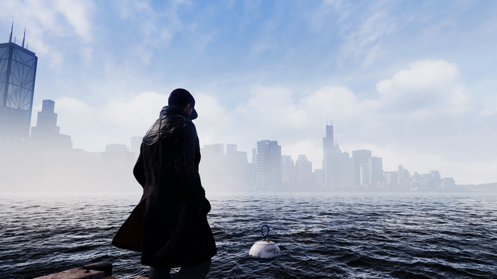 Aiden Pearce from Watch Dogs overlooking a city skyline
