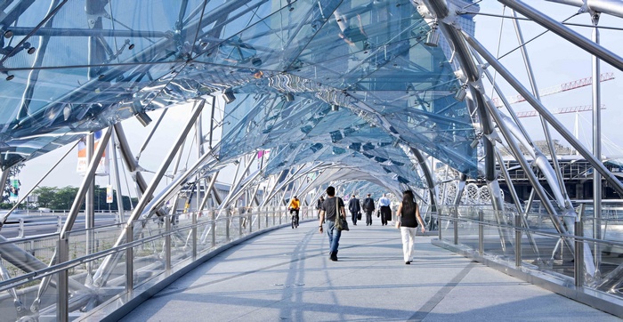 Helix Bridge in Singapore with pedestrians