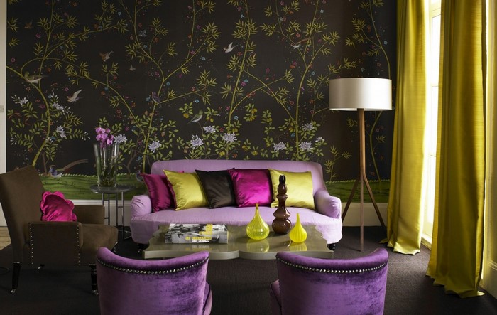 Living room with floral wallpaper and purple furniture
