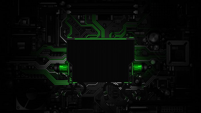 Digital art of a motherboard with green circuit lines