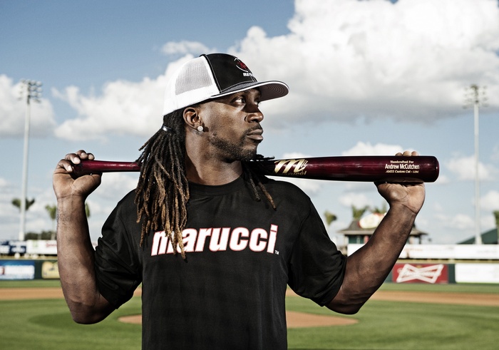 Andrew McCutchen holding a Marucci baseball bat