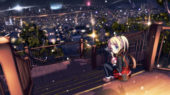 Anime girl sitting on stairs overlooking city at night