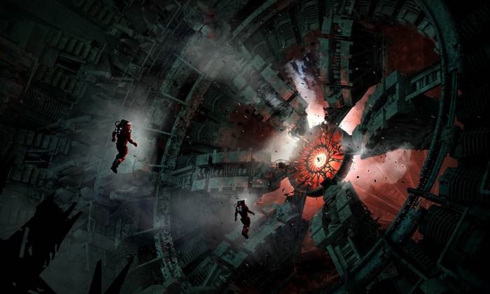 Astronauts in a derelict futuristic structure with a glowing core