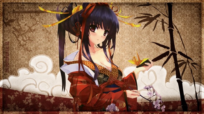 Anime girl in kimono holding origami crane
