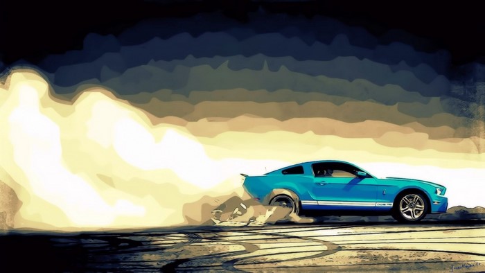 Blue Ford Mustang Shelby GT500 drifting