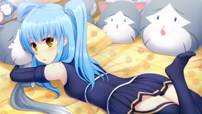 Anime girl with blue hair and cat plushies
