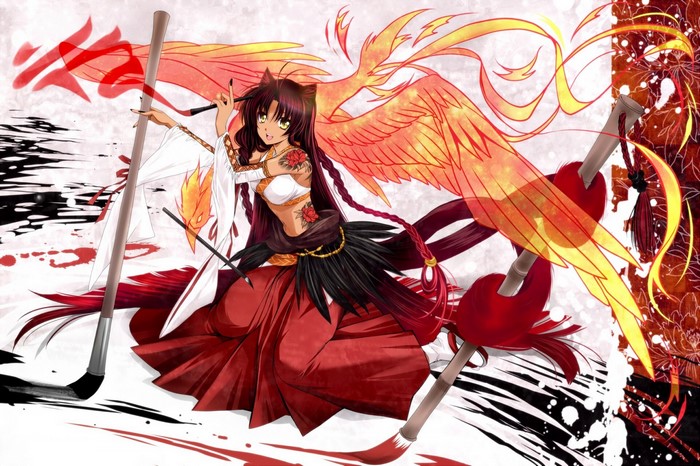 Anime girl with phoenix wings holding paintbrushes