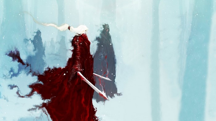 Fantasy art of a figure in red with swords in snow