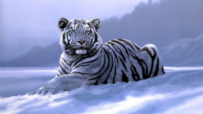 Majestic White Tiger Resting in Misty Landscape
