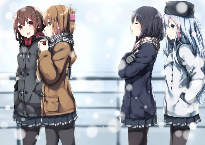 Anime girls in winter coats in the snow