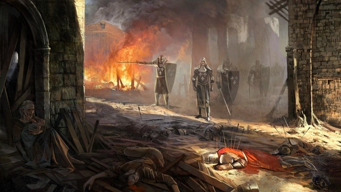 Knights in a burning medieval city