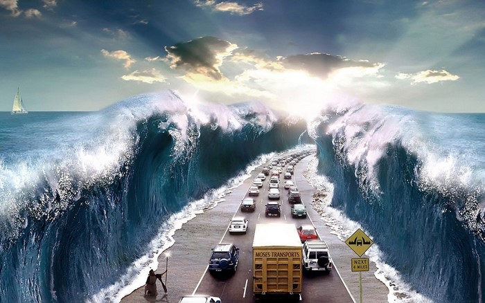 Moses transports cars through parting ocean waves