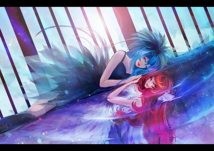 Anime girls with blue and red hair