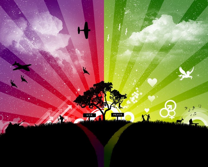 War and Peace illustration with airplanes and doves