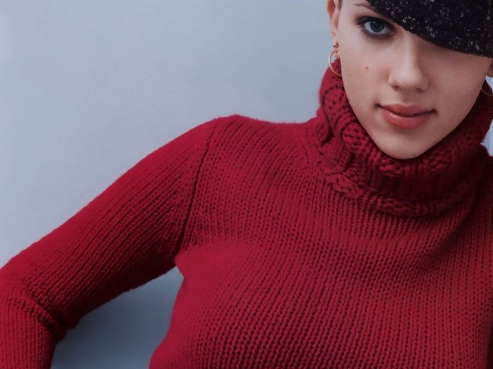 Scarlett Johansson wearing a red turtleneck sweater