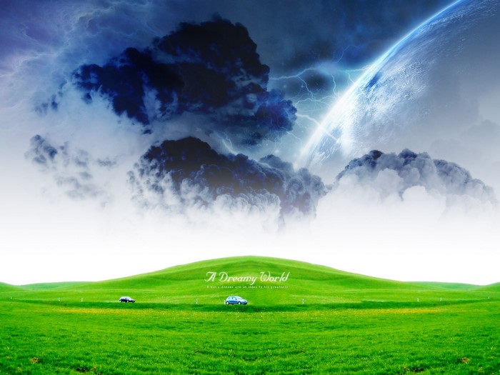 Dreamy world with planet and lightning