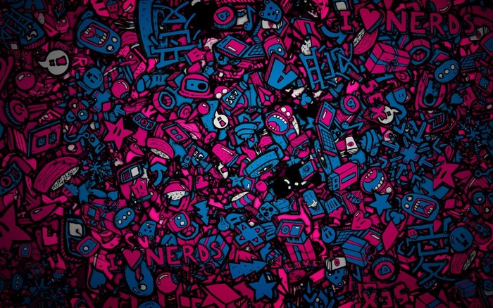 Pink and blue abstract doodle art with tech and pop culture icons