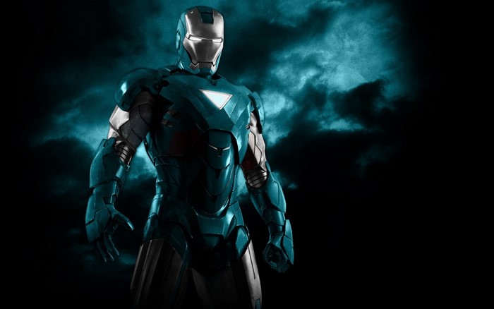 Iron Man Mark VII armor in front of dark clouds