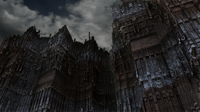 Dark gothic architecture under cloudy sky