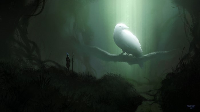 Fantasy art of a wizard and a glowing owl in a forest