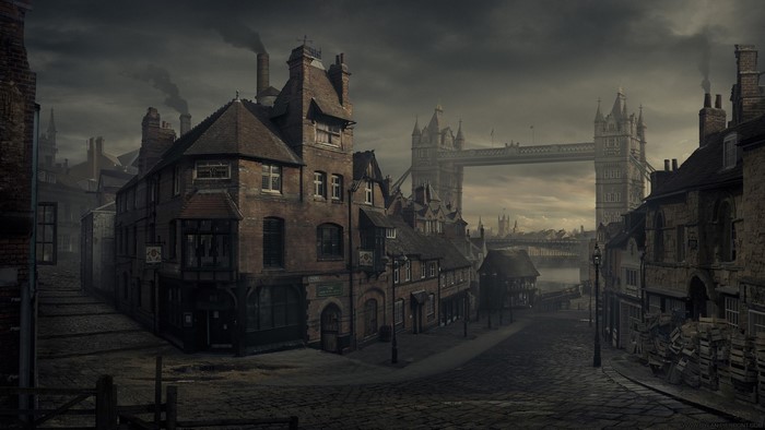 Victorian London cityscape with Tower Bridge