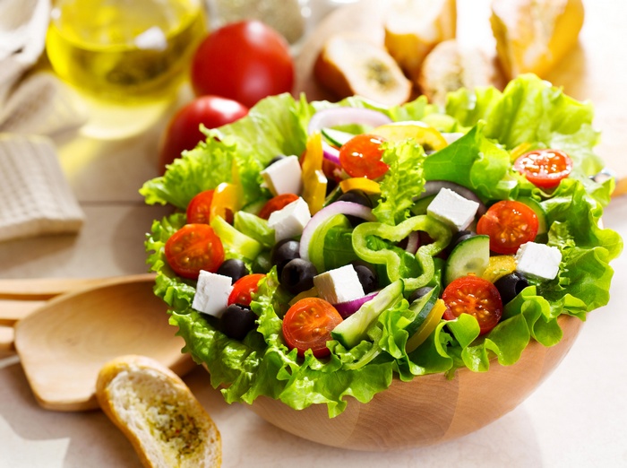 Greek salad with feta, olives, tomatoes, and peppers