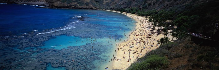 Aerial view of Hanauma Bay with many people on the beach and in the water