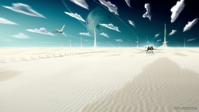 Sci-fi desert landscape with spacecraft and planet