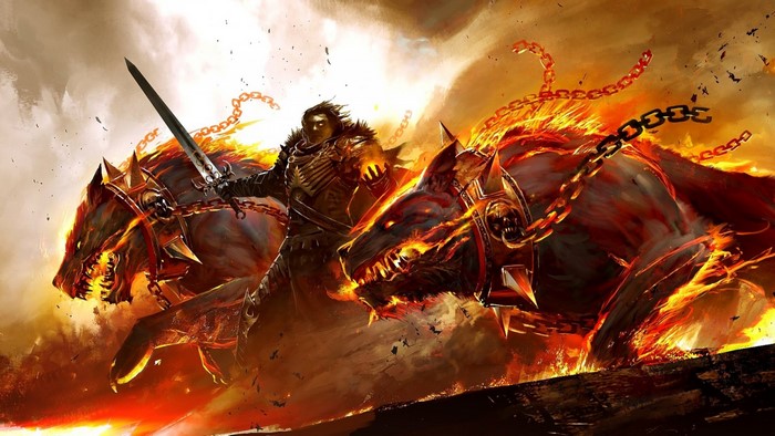 Rider on flaming dogs from Guild Wars 2