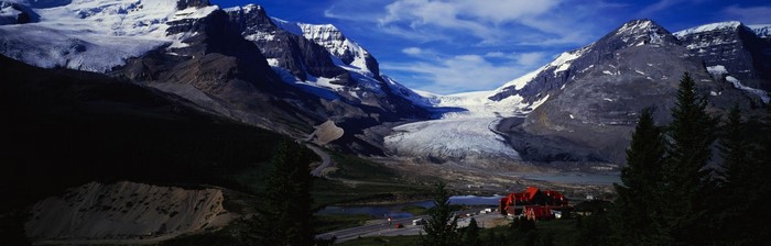 Panoramic view of a glacier and mountains